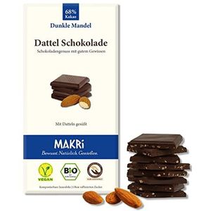 MAKRi dadelchocolade - gezoet met dadels/bio & veganistisch/fair trade/zonder geraffineerde suiker (Donkere amandel 68%, 10 chocoladerepen)