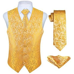 Enlision Men's Gilets Paisley Yellow Bruiloft Gilet Tie Pocket Square Jacquard Feest Suit Vest Set S