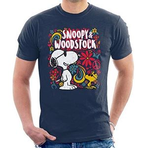 Peanuts 70s Floral Snoopy and Woodstock T-shirt voor heren, donkerblauw, S