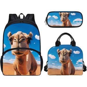 Tomeusey Schoolrugzak, 3-delige set met geïsoleerde lunchtas, pennenetui, boekentas voor tienermeisjes, jongens, gradiënt schooltas voor basisstudenten, camel