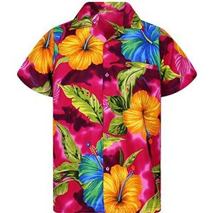 V.H.O. Funky Hawaiihemd voor heren, korte mouwen, voorvak, Hawaï-print met grote bloemen en bladeren, voor zomer/strand, Big Flower Pink, XL