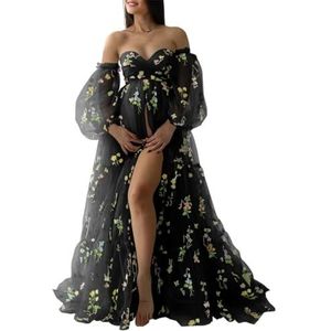 KIYNE Zwangerschapsjurk voor dames, met bloemenborduurwerk, tule, zwangerschapsjurk voor fotoshoot, vogeljurk, zwangerschapsjurk voor babyborrel, Zwart, 32