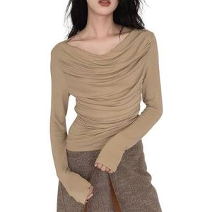 HGKPFGTG Tops Met Lange Mouwen Voor Vrouwen Trendy Elegante Wikkeltop Kreukvrij Ontwerp Casual Zakelijke Lichtgewicht Y2k-Shirts,Khaki,L