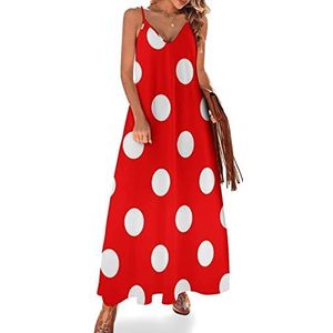 Rood-witte polka-lieveheersbeestje stippen dames zomer maxi-jurk V-hals mouwloze spaghettiband lange jurk