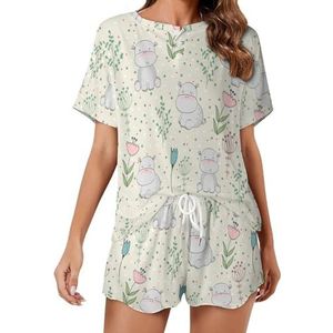 Nijlpaarden Bloem Zachte Womens Pyjama Korte Mouw Pyjama Loungewear met Zakken Gift voor Thuis Strand 5XL