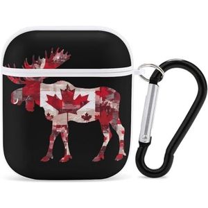 Eland met vlag van Canada Leuke Case voor AirPods 2&1 Schokbestendige Beschermende Hoofdtelefoon Gevallen Cover Met Sleutelhanger voor Mannen Vrouwen