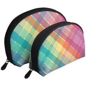 Make-uptas, cosmetische reistas 2 stuks draagbare clutch zakje set zakje organizer kleurrijke regenboog veelkleurige geruite strepen, zoals afgebeeld, Eén maat