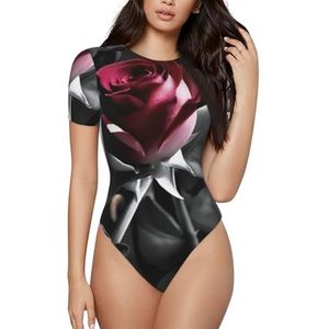ELSMZXZD Bodysuit met korte mouwen voor dames - gothic zwarte rozen bedrukt ronde hals bodysuit, rekbaar T-shirt top, casual slim fit turnpakje, 3 D, S