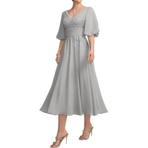 HPPEE Damesjurk voor dames, lange jurk voor moeder van de bruid met kant, applicatie, pofmouwen, chiffon, formele avondjurk, Zilver, 36
