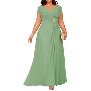 Dames chiffon moeder van de bruid jurk voor bruiloft ruches galajurken cocktailjurk plus size, Stoffige Salie, 32