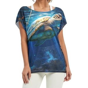 Space Light Sea Turtle korte vleermuismouwen shirt ronde hals T-shirts losse tops voor meisjes, Patroon, XXL