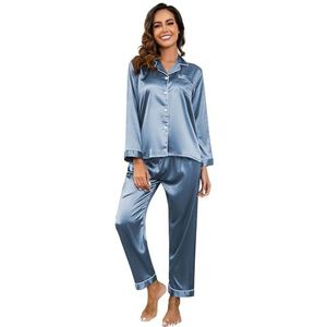 Vrouwen Pyjama Set, Satijn Zijde Nachtkleding Lange/Korte Mouwen Button-Down Effen Kleur Nachtkleding Het hele jaar door, Blauw, M