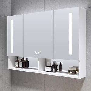 UkewEi Badkamer LED-spiegelkasten met ontdooier, 40 ""x 27"" badkamer wandgemonteerde kast geneeskunde met verlichting, 3-deurs grote opslag aluminium kaptafel (kleur: B, maat: 900 x 680 x 130 mm)