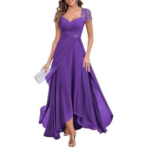KIYNE Damesjurk met kapmouwen en V-hals, chiffon, moeder van de bruid, lange geplooide ruches formele avondjurk, Paars, 32