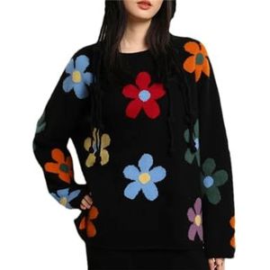 Cthick pullover voor dames, kleurrijk, bloemen, lui, casual, warm, losse trui, herfst, winter, top, Zwart, Eén Maat