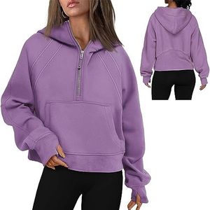 Vrouwen Cropped Hoodies Kwart Half Zip Cropped Hoodies Sweatshirts Zip Up Pullover Sweaters Duim Gat Workout Hoodie Zip Up (Color : Purple, Size : L)