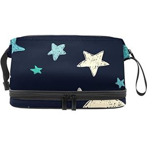 Dubbellaags Cosmetische Tas Blauw Grijs Sterren Draagbare Make-up Tas Reizen Organizer Pouch Voor Vrouwen Meisjes Toiletries Tassen, Meerkleurig, 27x15x14 cm/10.6x5.9x5.5 in, Make-up zakje