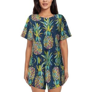 YQxwJL Tropisch Fruit Ananas Print Vrouwen Pyjama Sets Shorts Korte Mouw Lounge Sets Nachtkleding Casual Pjs Met Zakken, Zwart, 4XL