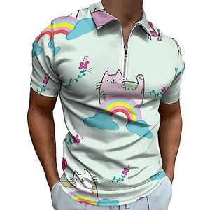 Regenboog kat met kleine vogel poloshirt voor mannen casual rits kraag T-shirts golf tops slim fit