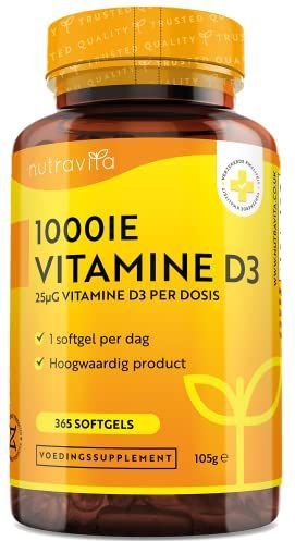 Vitamin D 1000 IU (25 μg) - Vitamine D3 voor Volwassenen - 365 Vitamine D Capsules voor 1 volledig jaarvoorraad - goed voor weerstand en ondersteunt spieren, botten en tanden - Nutravita