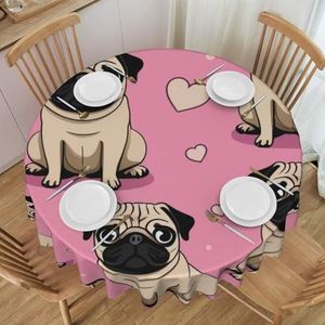 KARFPP Grappige Cartoon Pug Puppy Hond Print Tafelkleed Ronde Voor Eetkamer Keuken Party Decor 60 Inches Polyester Doek