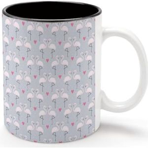 Trendy roze flamingo's, harten en stippen gepersonaliseerde koffiemok koude dranken warme melk theekop zwarte voering keramiek beker met handvat cadeau voor vrouwen mannen 11oz