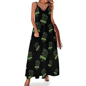 Psych Pineapple Sling Maxi-jurk voor dames, V-hals, casual, mouwloos, verstelbare riem, sexy lange jurk