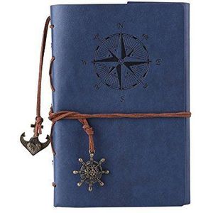 TILY Vintage navulbaar notitieboek premium PU-leer klassiek reliëf reisdagboek dagboek met blanco pagina's en retro hangers (donkerblauw)