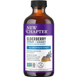New Chapter Vlierbessensiroop, 24 porties, immuunafweer voor kinderen (4+) en volwassenen, 64x geconcentreerde zwarte vlierbes + klasse A honing, geen glutenvrij, geen glutenvrij
