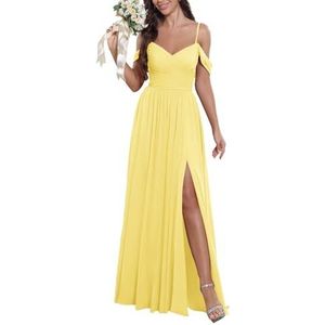 KURFACE Bruidsmeisjesjurken met blote schouders voor dames, met split en V-hals, chiffon, formele avondjurk, Geel, 32