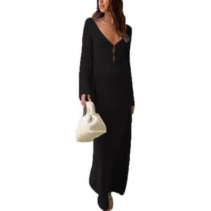 Dames gebreide jurk met lange mouwen, casual backless cocktailparty clubwear bodycon maxi lange jurk(Color:Black,Size:Medium)