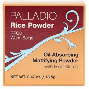Palladio Rijspoeder met sponsapplicator, losse fixeerpoeder, absorbeert olie, laat het gezicht er glad uitzien en aanvoelen, helpt make-up langer mee te gaan voor een vlekkeloze frisse look, Warm Beige