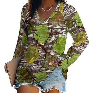 Camouflage met esdoornbladeren dames lange mouwen V-hals T-shirts herfst tops pullover tuniek T-shirt voor leggings