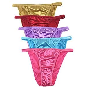 Queen Star Set van 5 satijnen tanga bikinibroekjes voor dames, hoge snarenslip, Meerkleurig, S