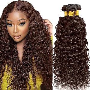 Tuheerst Water Wave Human Hair Bundles #4 Chocolate Brown Real Hair Human Hair Extensions Sew in Hair Extension 3 Bundles Double Weft Remy Hair Low Shedding for Woman 30 30 30 Inch