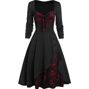 Dames Lente en Winter Elegante Retro Kant Splicing Knop Lange Mouw Dames Jurk Dames Mid-Taille Jurk, Bordeaux, 5XL