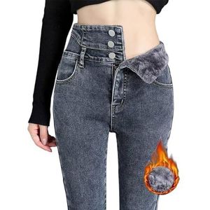 Sawmew Winterjeans Warme Thermische Jeans Voor Dames Met Fleece Gevoerde Thermische Broek Fleecebroek Met Hoge Taille Dames Lange Winterbroek Warmere Outdoor Denimbroek Winterlegging Thermische (Colo