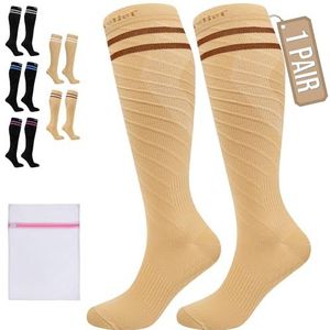 360 Relief Compressie Sokken klasse 1 voor Mannen en Vrouwen - 15-20 mmHg Steunkousen voor langeafstandsvluchten, reizen, sporten, hardlopen, wandelen - 1 Paar Compression Socks L/XL Beige met wasnet