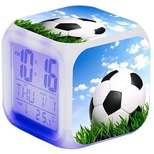 BAOK Nieuwigheid Wekker | Jongens Voetbal Wekker, Creatieve LED Klok met Tijd Week Maand Temperatuur Display voor Kinderkamer, Jongens Kamer