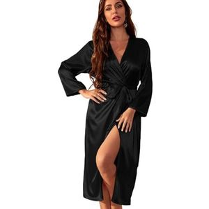 DUNSBY Satijnen badjas effen satijnen nachtgewaad elegante V-hals huisgewaad met riem sexy ademende nachtkleding voor vrouwen nachtkleding badjas, Zwart, XL
