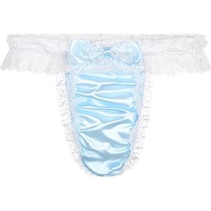 Satini Satijn Kant met ruches Sissy String Tanga Knickers Broekje Satijnen broekjes Ondergoed (Babyblauw - Wit, M)