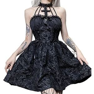 SMIMGO Punk gotische kanten jurk zwart vintage lolita kanten jurk lange mouwen gelaagde veterjurk goth cocktailjurk clubjurk (kleur: D1, maat: M)