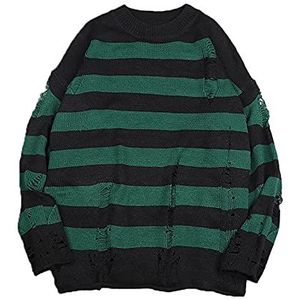 Zwart gestreepte trui trui heren pullover open gat gebreide trui heren oversized sweatshirt lange mouw top (Color : Dark green, Size : L)