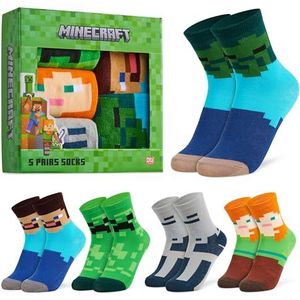 Minecraft Sokken voor jongens met motief, gamercadeaus voor kinderen en tieners, multipack, Groen vierkant - pak van 5, 31/36 EU