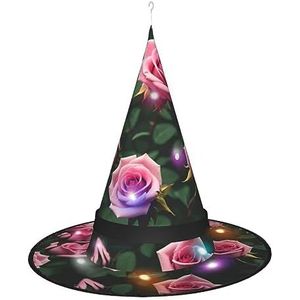 SSIMOO Roze roos bloemen dames Halloween heksenhoed - led lichtgevende pet - ideaal voor feesten en rollenspellen