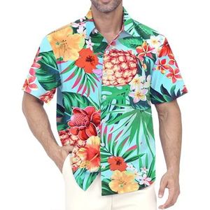Hawaïaans shirt voor mannen - Hawaiiaanse buttondown shirts met bloemenprint, casual, korte mouwen, Groene bloem & blad-geen zak, M
