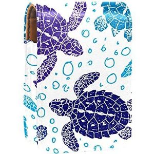 Boho Blauwe Zeeschildpad Draagbare Lipstick Case voor reizen, Mini Lipstick Opbergdoos met spiegel voor vrouwen dames, Lederen Cosmetische Pouch, Meerkleurig, 9.5x2x7 cm/3.7x0.8x2.7 in