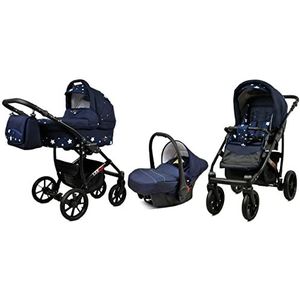 BabyLux Largo 3 in 1 Baby Reis Systeem Kinderwagen Autostoel Afneembare Regenhoes Voetenzak Dragende Wielen Pasgeborene tot Baby Navy Blue Star Black Frame