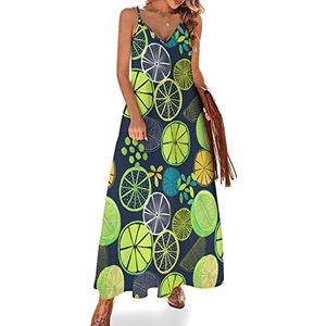 Zomerjurk met citroen-watermeloen voor dames, zomer, maxi-jurk, V-hals, mouwloos, spaghettibandjes, lange jurk