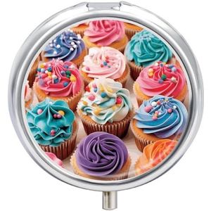 Verjaardag Cupcakes Pillendoos 3 Compartiment Reizen Pil Organizer 3 keer per dag Leuke Mini Pil Case voor Portemonnee & Pocket Draagbare Metalen Medicijndoos met Spiegel Ronde Dagelijkse Medicijnen